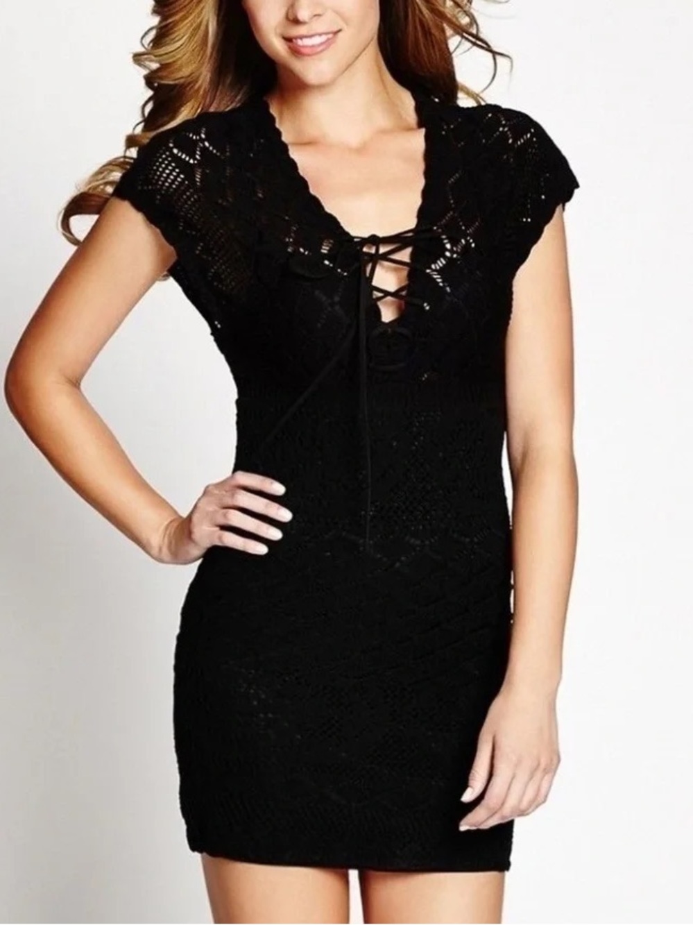 GUESS Los Angeles Black Crochet Lace Knit Midi Dress XL Boho Romantic